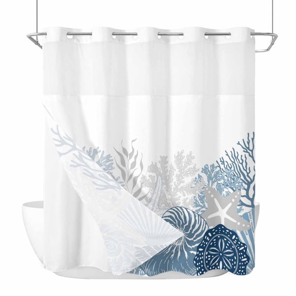 Summer Coral No Hook Shower Curtain with Snap in Liner, Waterproof Fabric Shower Curtains, Coastal Ocean Starfish Conch Lake Blue Shower Curtain Set Top See Through for Bathroom 72"x78"