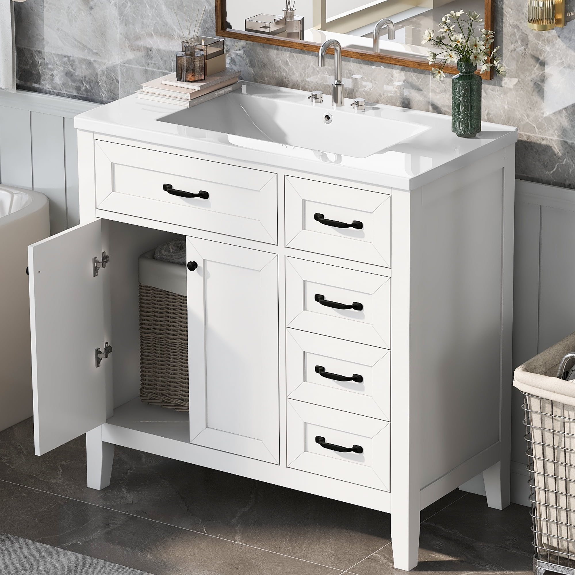 Aukfa 36" Modern Bathroom Vanity with Sink – Single Basin Wood Vanity Set with 2 Doors Cabinet,White