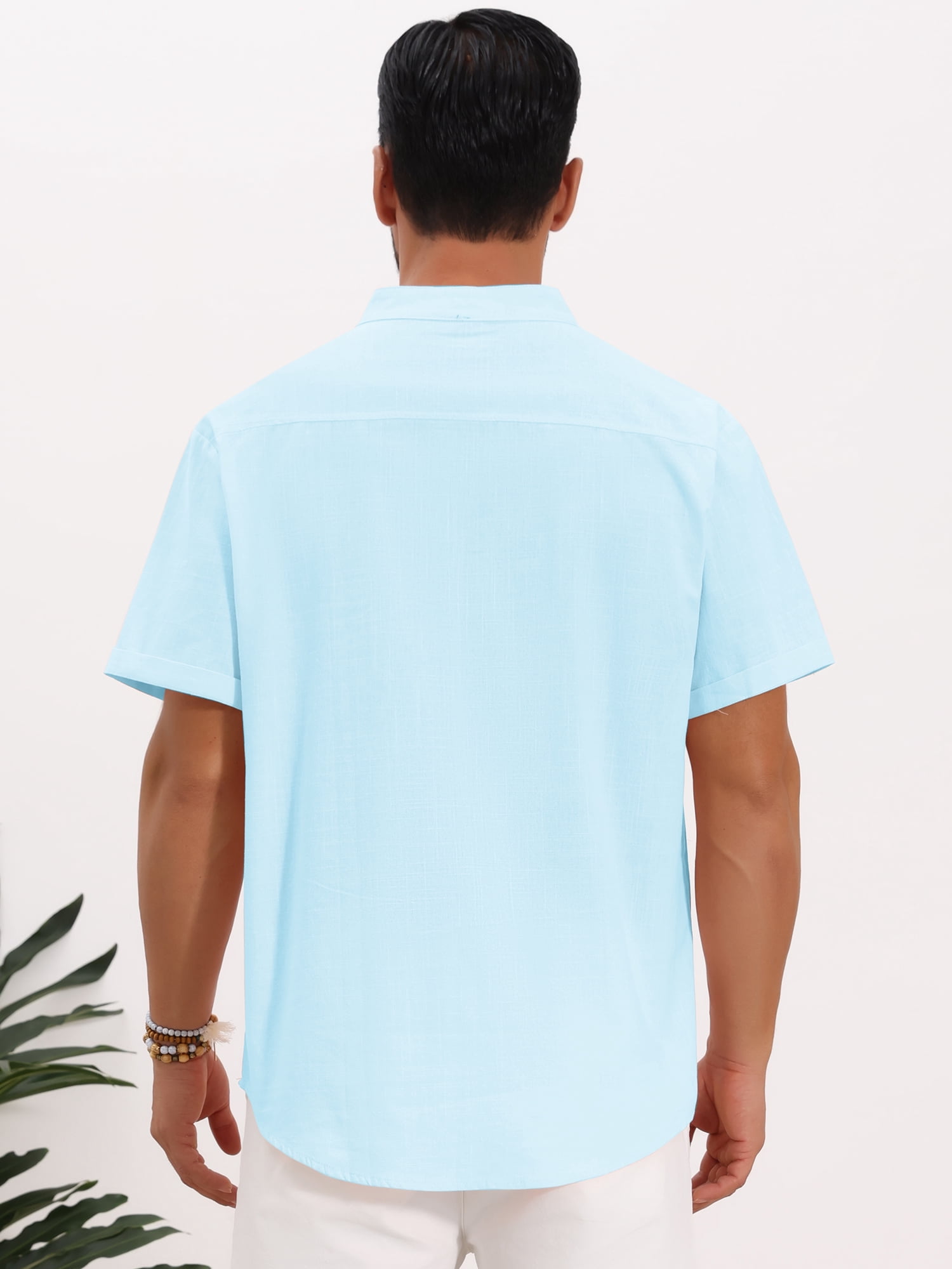 DARING DIVA Men's Solid Color Stand Collar Short Sleeve Henley Shirts M Light Blue