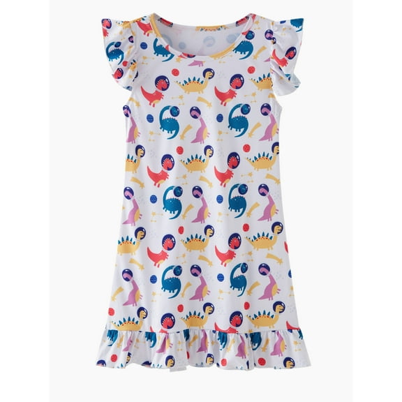shoper Girls Nightgowns Flutter Sleeves Cute Print Sleepwear Pajamas for Toddlers Kids 3-12 Years Comfortable Summer Nightdress