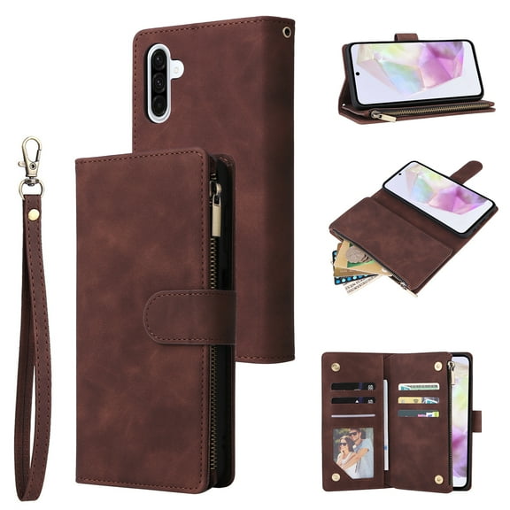 Phone Case for Samsung Galaxy A56 5G, Galaxy A56 5G Wallet Case with Zipper for Women and Men, PU Leather Magnetic Buckle Flip Kickstand Closure Wrist Strap Zipper Card Holder Phone Cases, Coffee