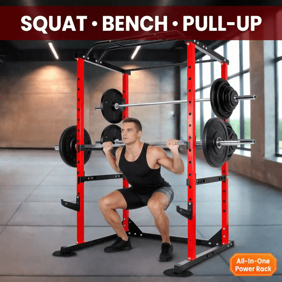 Muweixin Red Power Cage Squat Rack, All-In-One Home Gym Weight Lifting Station with Pull-Up Bar, 14-Level Adjustable Squat Stand for Bench Press & Deep Squat