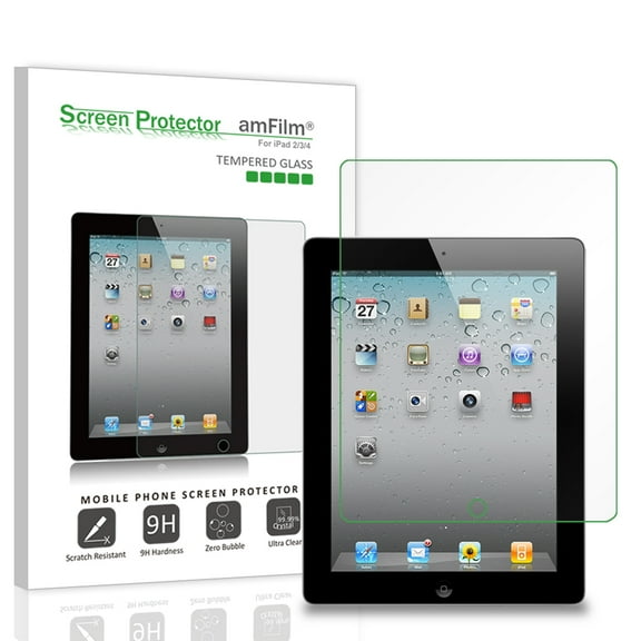 amFilm Premium Real (Easy Install) Tempered Glass Screen Protector for Apple iPad 4, iPad 3, and iPad 2