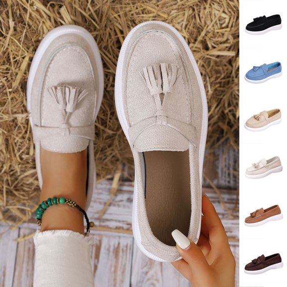 Nmnitkp Womens Shoes Fashionable And Casual Four-Season Loafers Solid Color Tassel Round Toe One-Foot Flat Shoes Beige,36
