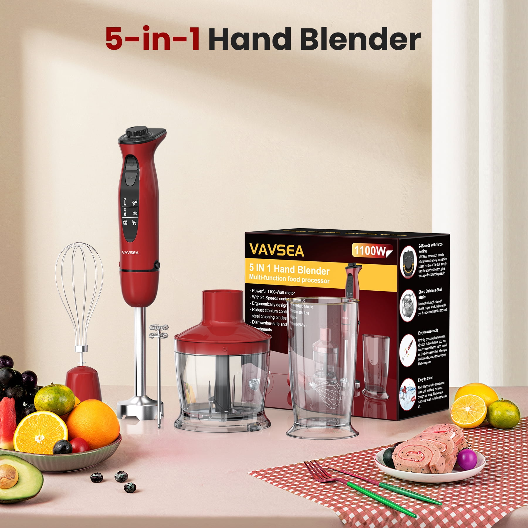 VAVSEA 24-Speed Immersion Blender, 5-in-1 Hand Blender, 1100W Handheld Stick Blender Mixer for Kitchen, Chopper, Beaker, Whisk, Milk Frother, for Baby Food Processor,Red