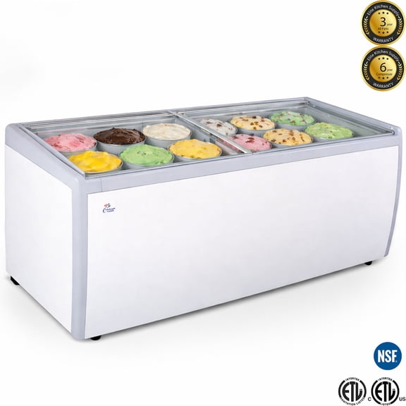 71” NSF Ice Cream Glass Dipping Cabinet Freezer, 12 Tub Gelato Showcase, Commercial Display Chest with Sliding Glass Lid