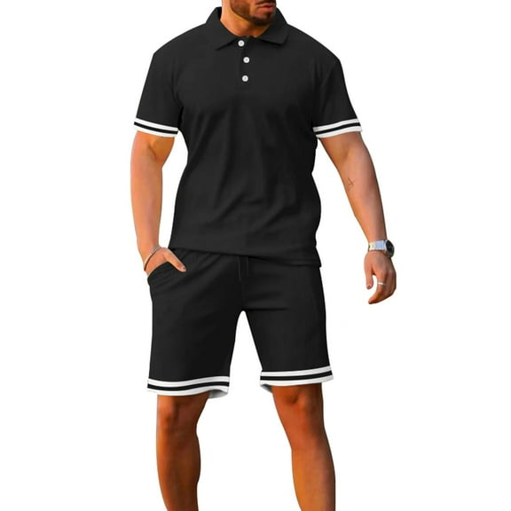 SWSMCLT Men's Short Tracksuit Summer Short Sleeve Drawstring 2 Piece Outfit Active Sweatsuit Shorts Set Cotton Black XX-Large