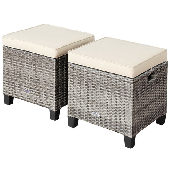 Biotree Patio Furniture 2 Piece Rattan Wicker Ottoman Seat Set with removable cushions stackable outdoor footstool for garden backyard balcony, White