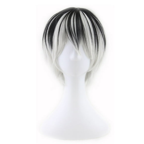 Mens Cosplay Wig Short Black Gradient Color Wig Gradient White Straight Synthetic Hair Halloween Wig
