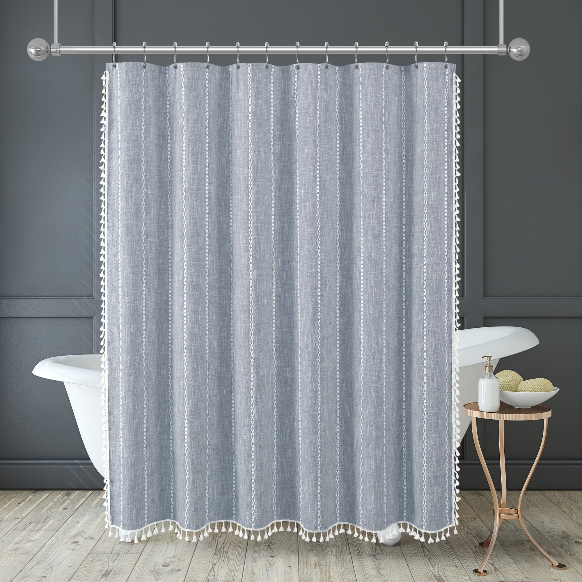 Americanflat 71x71 Woven Linen Blue Shower Curtain with Tassel Accents - Includes 12 Grommets and Hooks - 100% Polyester