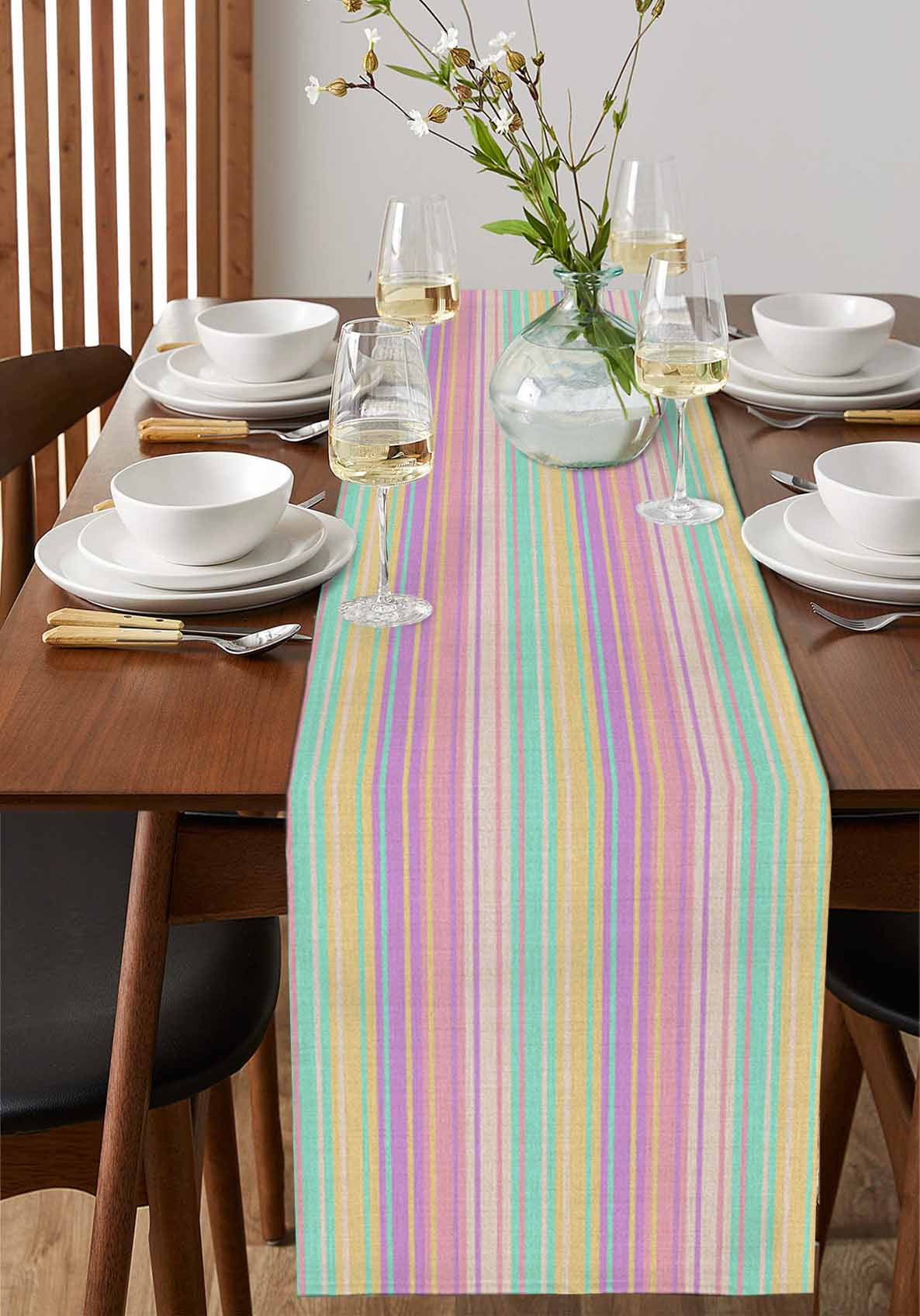 nqOlkjepod Pink Aqua Stripe Table Runner 70 Inches Long Farmhouse Dress Scarves, Yellow Geometric Country Geometric Dining Tablerunner for Coffee Table/Kitchen Island/Party Décor, 13" x 70"