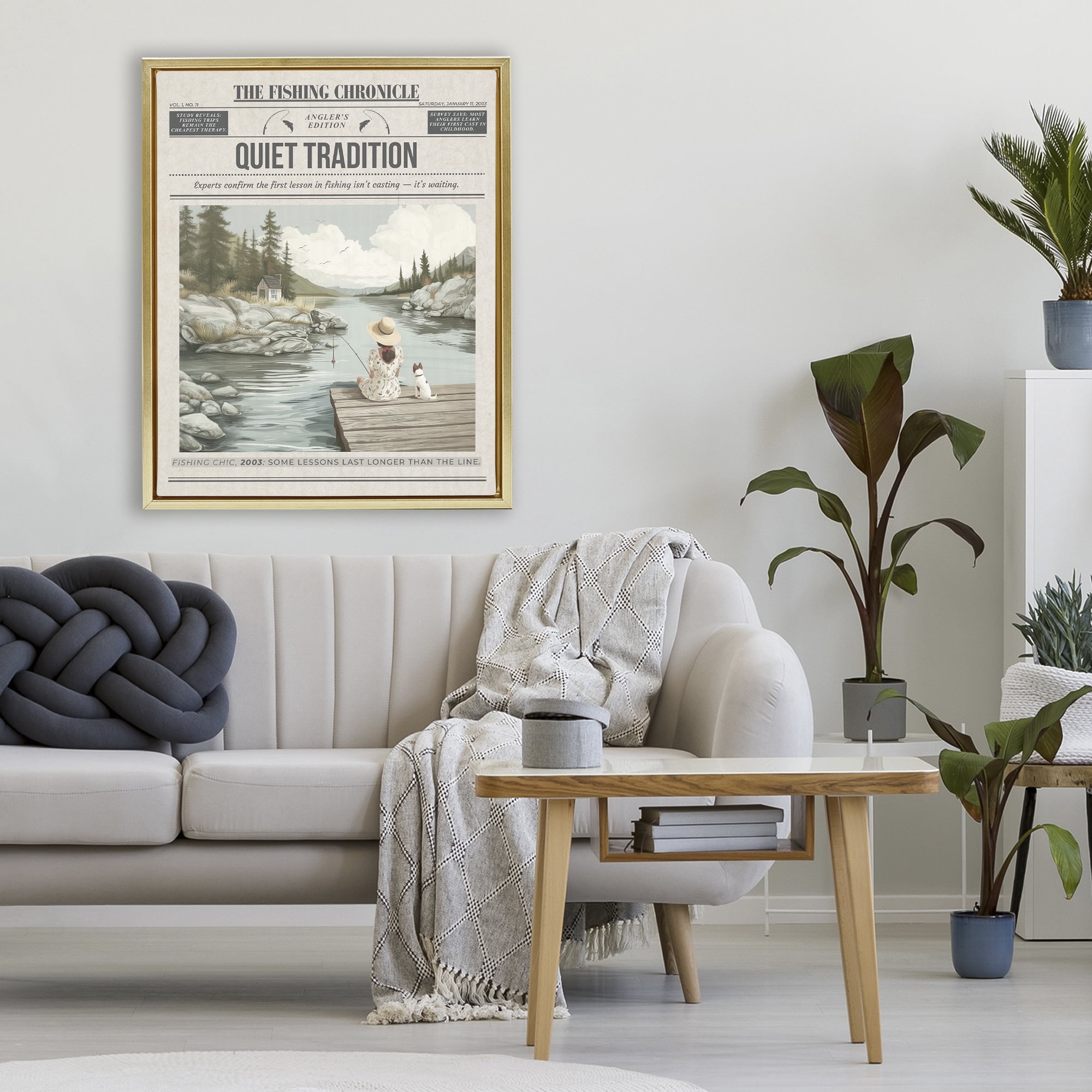 Stupell Industries Fishing Chronicle Magazine Gold Framed Floater Canvas Wall Art, design by A Barefoot Stylist