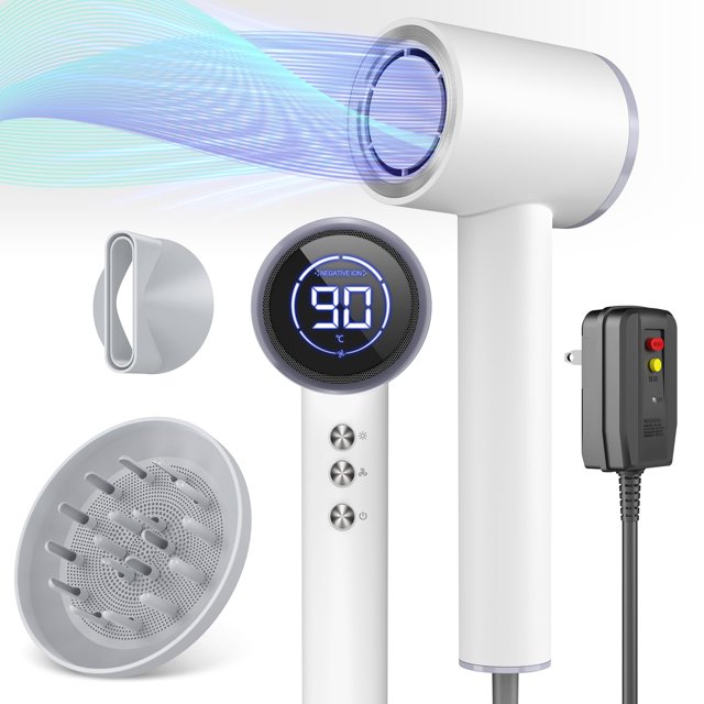 Secador de pelo con difusor 110000 RPM Secador de pelo profesional de alta velocidad para secado rápido Secador de pelo iónico con boquilla magnética y pantalla LED Secador de pelo portátil para salón