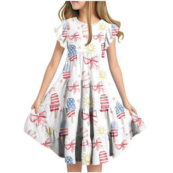 Bovxnpu Summer Girls Dresses, Girls Cotton Casual Dress Pleated Midi Dress, Independent Day Short Sleeved Flying Sleeve Round Neck Pocket Layered Dress 8 Years