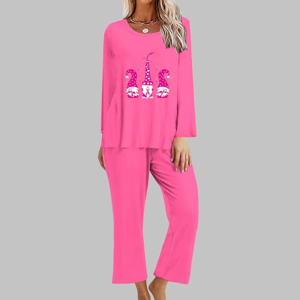 Puntoco Mujer Otoño Moda Cáncer De Mama Impreso Cuello Redondo Manga Larga + Pantalones Traje Sandía Rojo L