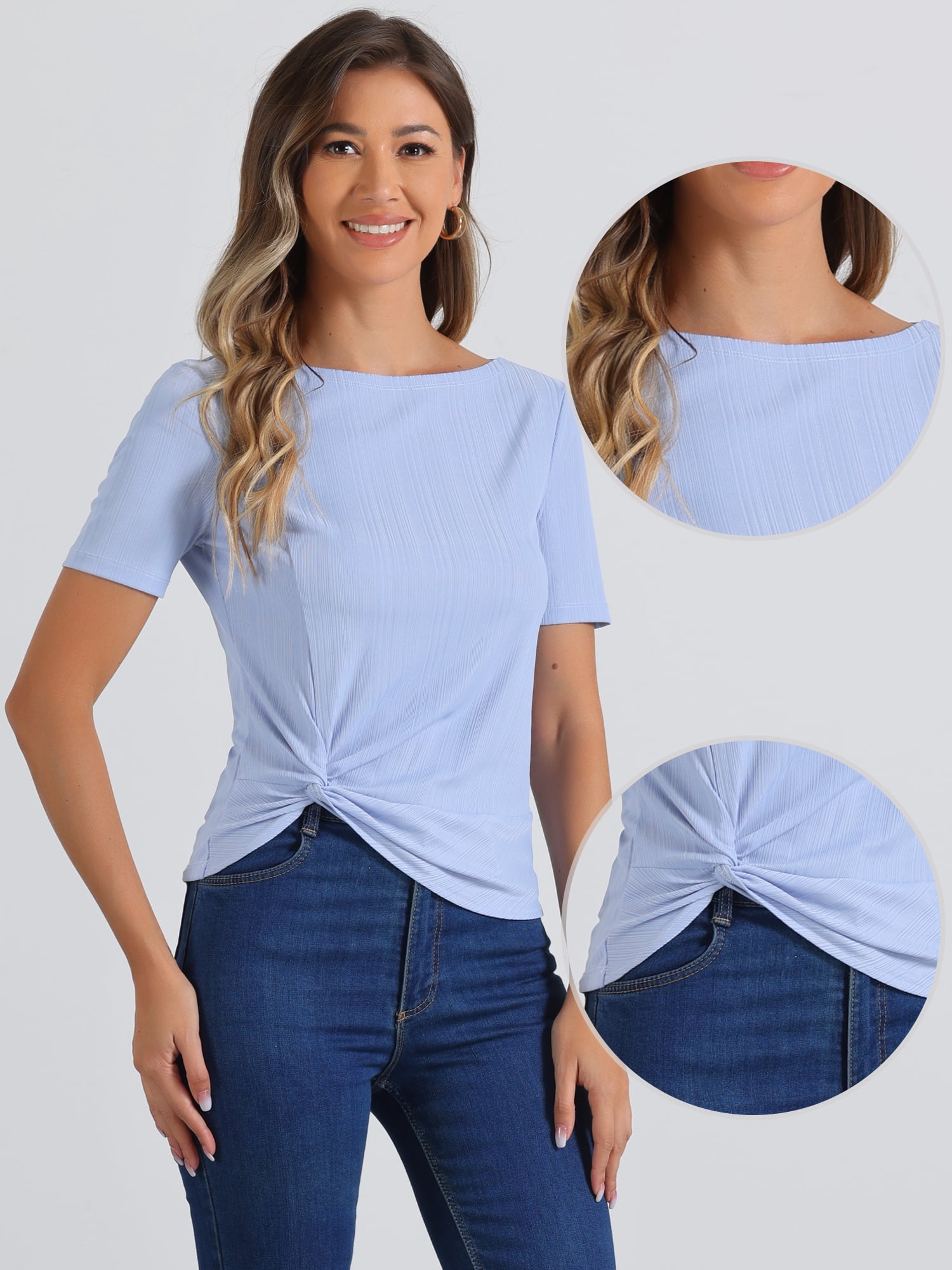 DARING DIVA Women's Casual Short Sleeve Textured Twist Knot T-Shirt L Light Purple