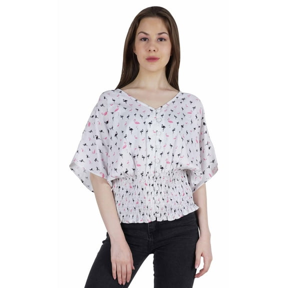 Moomaya Printed Batwing Tops For Women V-Neck Summer Casual Blouse Fashion Tunic