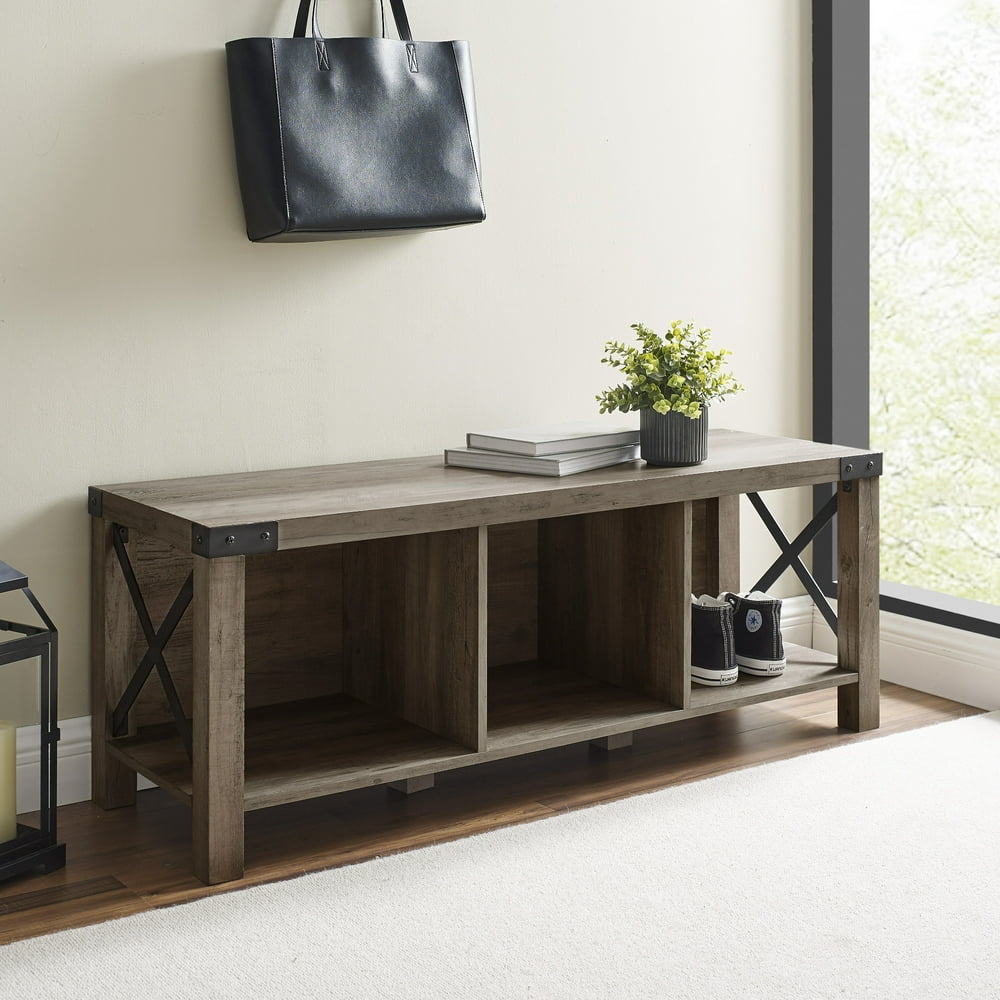 Woven Paths Rustic Farmhouse Metal X Entryway Storage Bench, Grey Wash