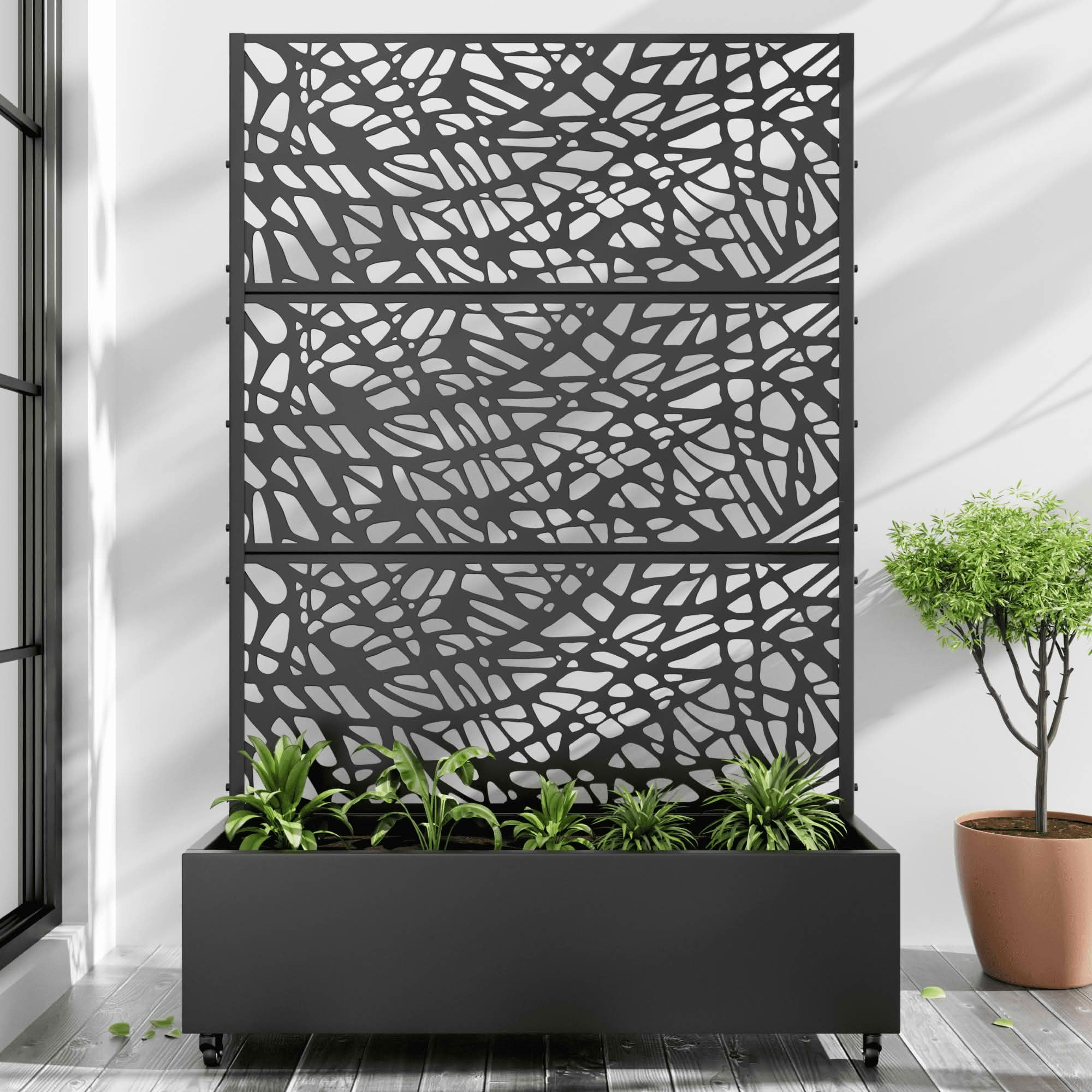 MAYEERTY 72x47x16 Inch Black Metal Rectangular Planter Box with Trellis, 3 Piece Set for Outdoor Garden & Patio