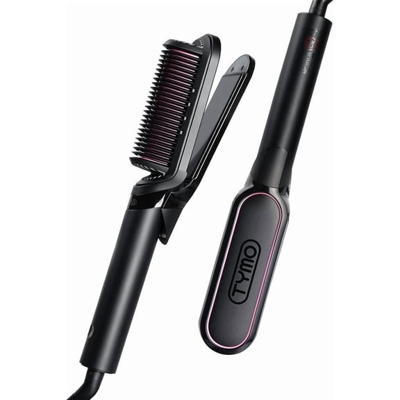 TYMO Ionic Hair Straightener Brush 2-in-1 Flat Iron, 200M Ions Ceramic Hot Comb, Dual Voltage, Anti-Frizz Styling for Straight, Waves & Curls, Black