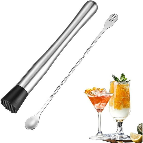 RUseeN 2 Pcs Muddler for Cocktails, 10 Inch Muddler and Bar Spoon, Stainless Cocktail Accessories for Drink, Create Delicious Mojitos and Other Fruit Based Drinks
