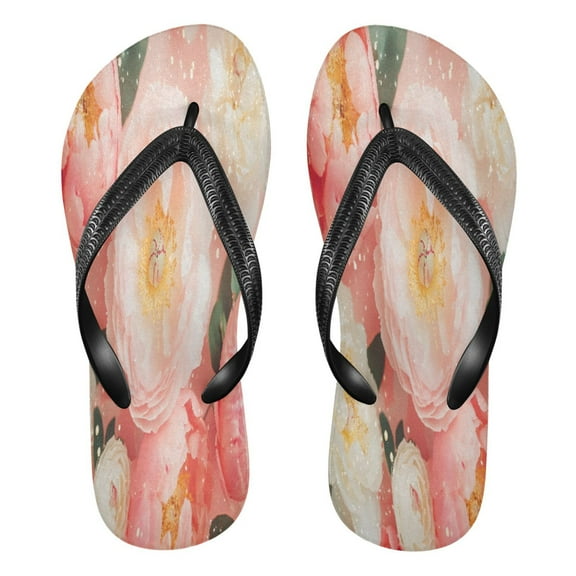 YAZAOOSummer Flip Flops Creatively Pink and White Peonies Sparkles Simple Beach Sandals