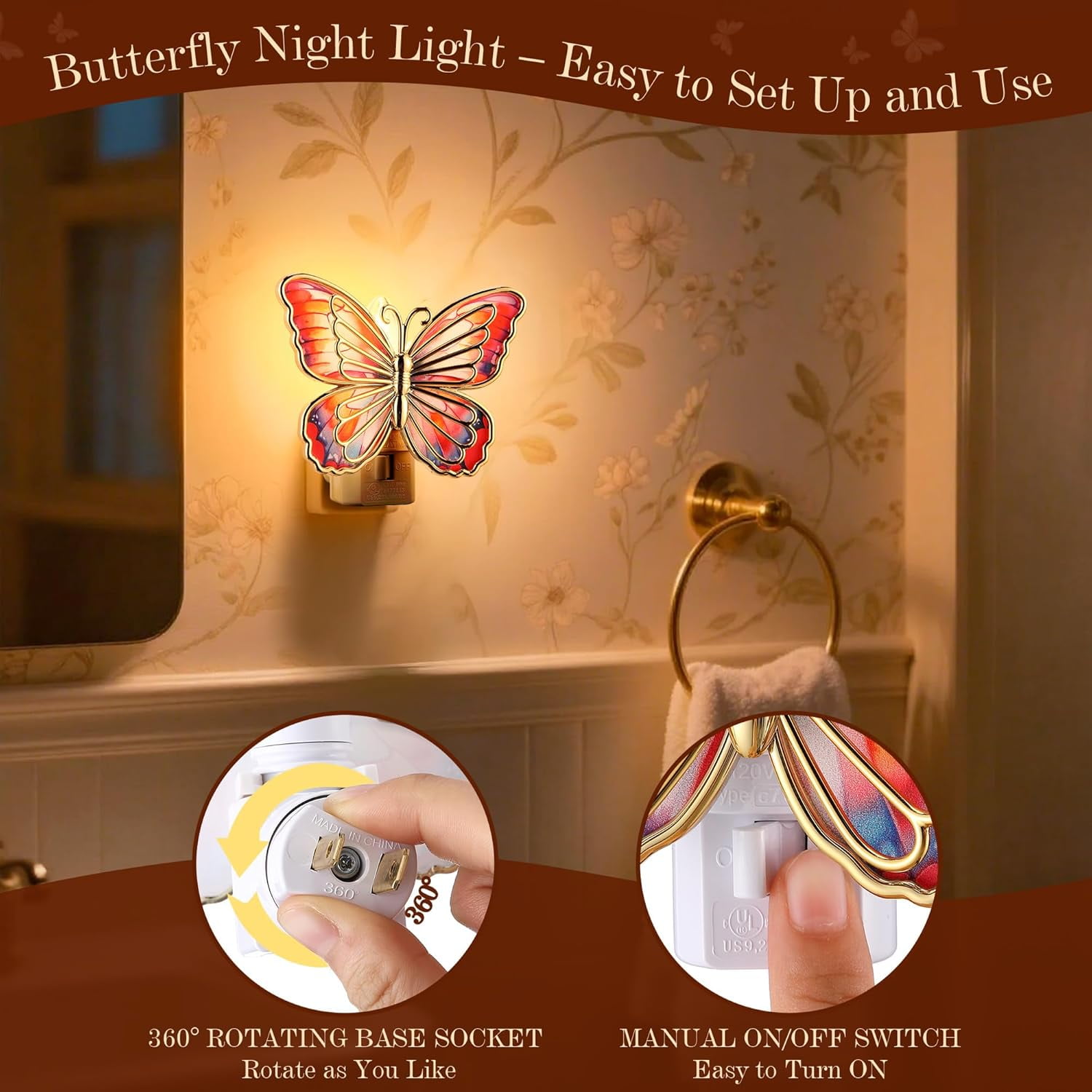 Butterfly Night Light, LED Butterfly Night Light Plug into Wall, Manual On/Off Switch, Monarch with Gold Trim Decorative, Energy Saving, 360° Swivel Plug, Girl Bedroom Bathroom Hallway(Orange)