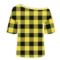 thumbnail image 5 of sckarle Women's Off Shoulder Top Short Sleeve Plaid Tee Shirt Cute Print Going Out Blouse Summer Beach Holiday Tshirt Yellow,L, 5 of 7