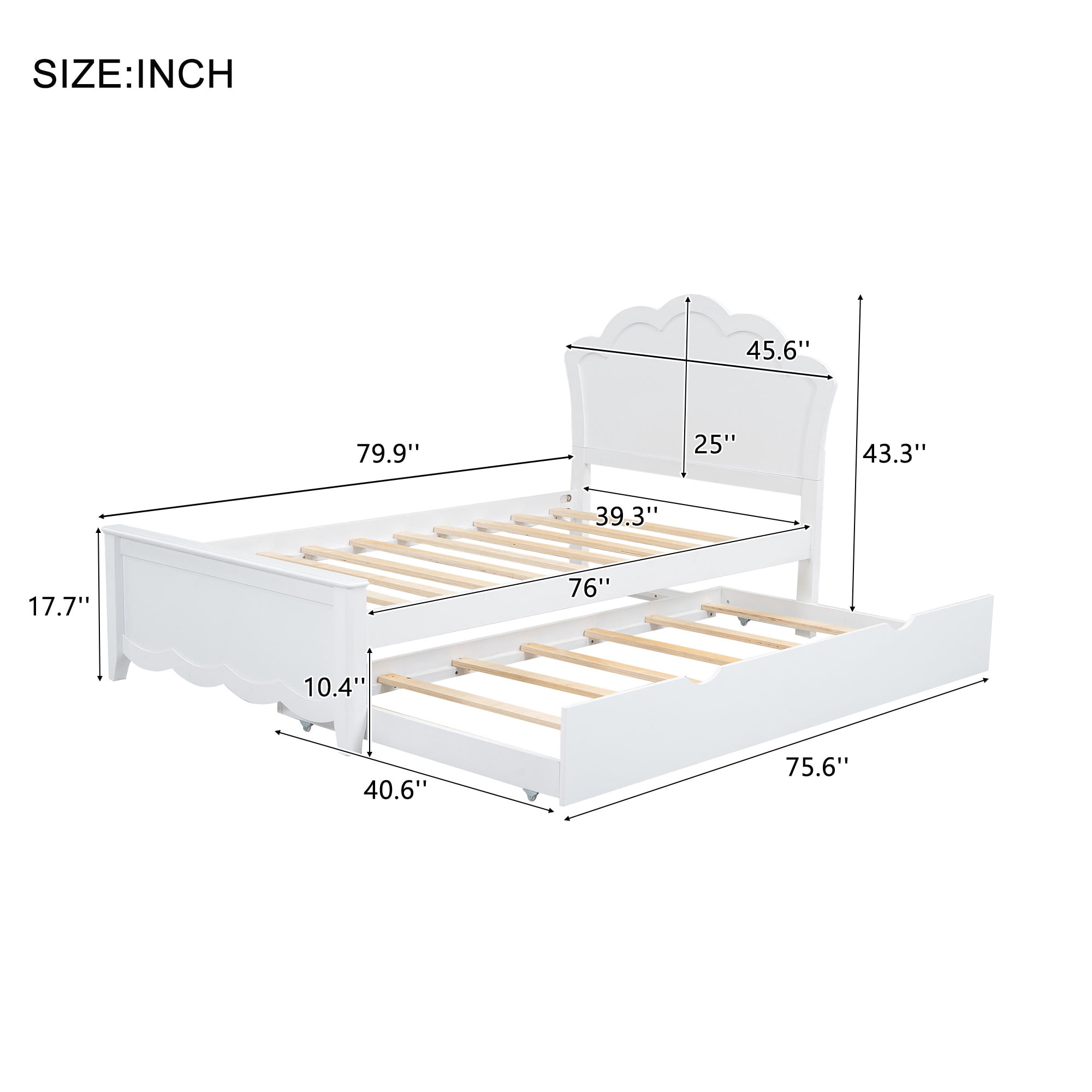 Euroco Wood Twin Size Platform Bed Frame, Heavy Duty Storage Bed with Trundle Bed for Kids and Adults, No Box Spring Needed, White
