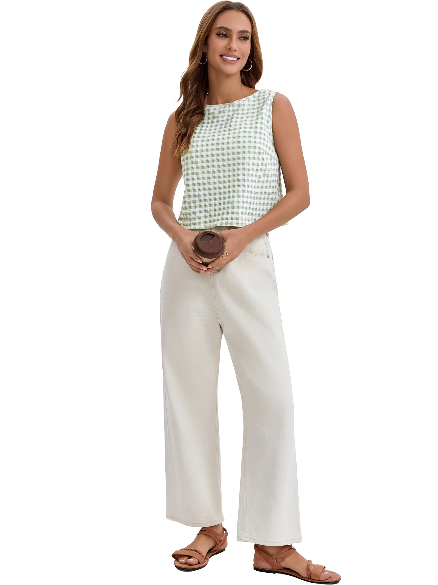 DARING DIVA Women's Gingham Summer Crop Tank Tops Button Back Sleeveless Shirts S Green