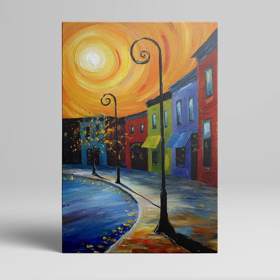 1pc Colorful Street - Scene Canvas Wall Art with Swirling Sun, Framed Decor room hanging Wall Picture Decor for Home Gifts, living room, bathroom, bedroom, kitchen wall art decor canvas wall art