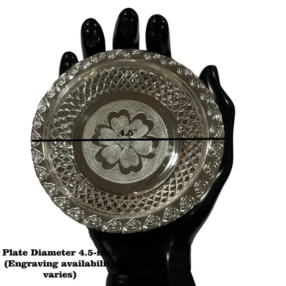 925 Sterling Silver Hallmarked Designer SMALL Puja Plate - Style#04 Plate Diameter & Weight (Design Varies by Size): 4.5" Plate (Dia=4.5 inch Wt=30 grams)