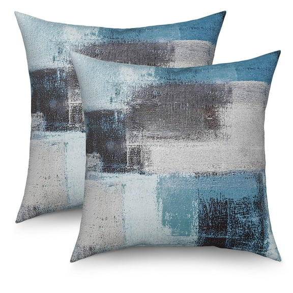 Blue and Grey Abstract Throw Pillow Covers 18x18 Set of 2,Modern Linen Pillow Cases for Bedroom Sofa Couch