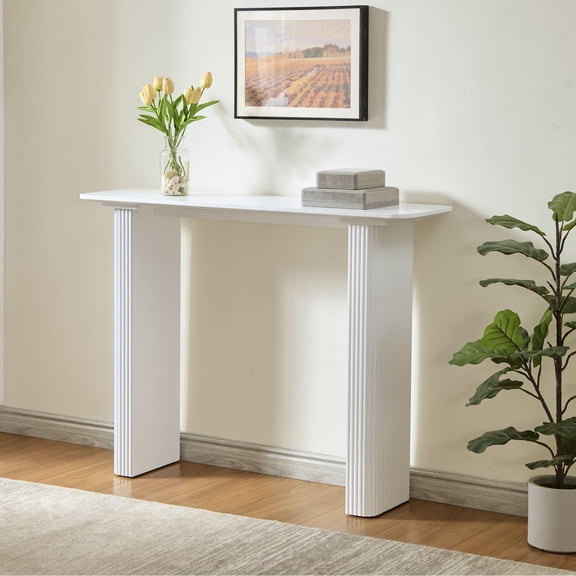 Kings Brand Furniture Varenne Console Table – Contemporary Rectangular Wood Entryway Table with Fluted Architectural Legs, Slim Design for Hallway, Foyer, or Living Room (White)