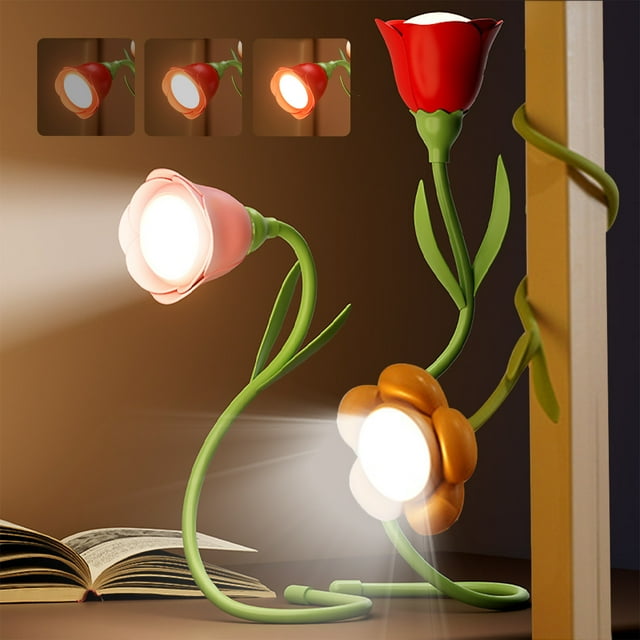 Lámpara de escritorio inalámbrica de flores | Ajustable flexible de cuello de gallina 360° | Luz LED portátil recargable USB | 3 modos de color Atenuación escalonada | Diseño compacto de 16 pulgadas