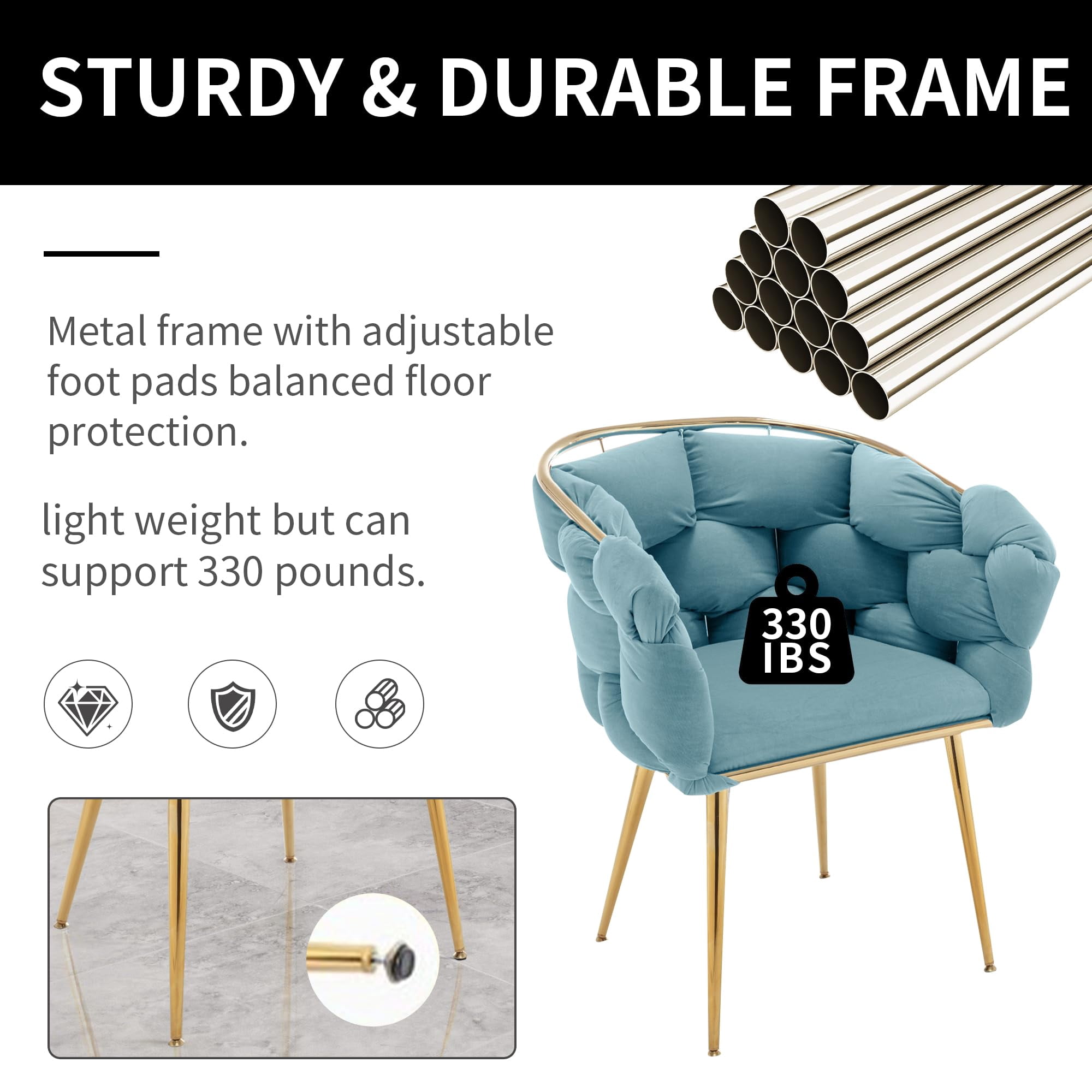 LEHZROAJ Modern Upholstered Dining Chairs Set of 1,Side Chair Oversize Gold Metal Leg for Dining Room,Kitchen,Restaurant(Blue)