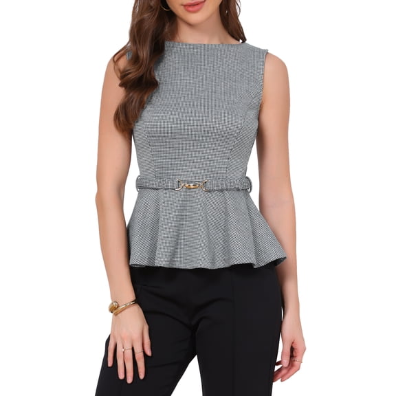 INSPIRE CHIC Peplum Tops for Women's Sleeveless Boat Neck Belt Houndstooth Plaid Work Tank Top XS Black