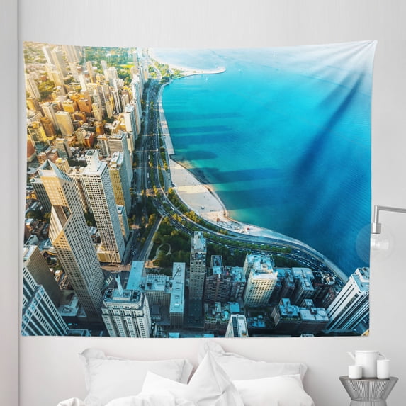America Tapestry, City by the Coast Bird's-eye View Michigan Above Architecture Metropolis Photo, Fabric Wall Hanging Decor for Bedroom Living Room Dorm, 5 Sizes, Multicolor, by Ambesonne