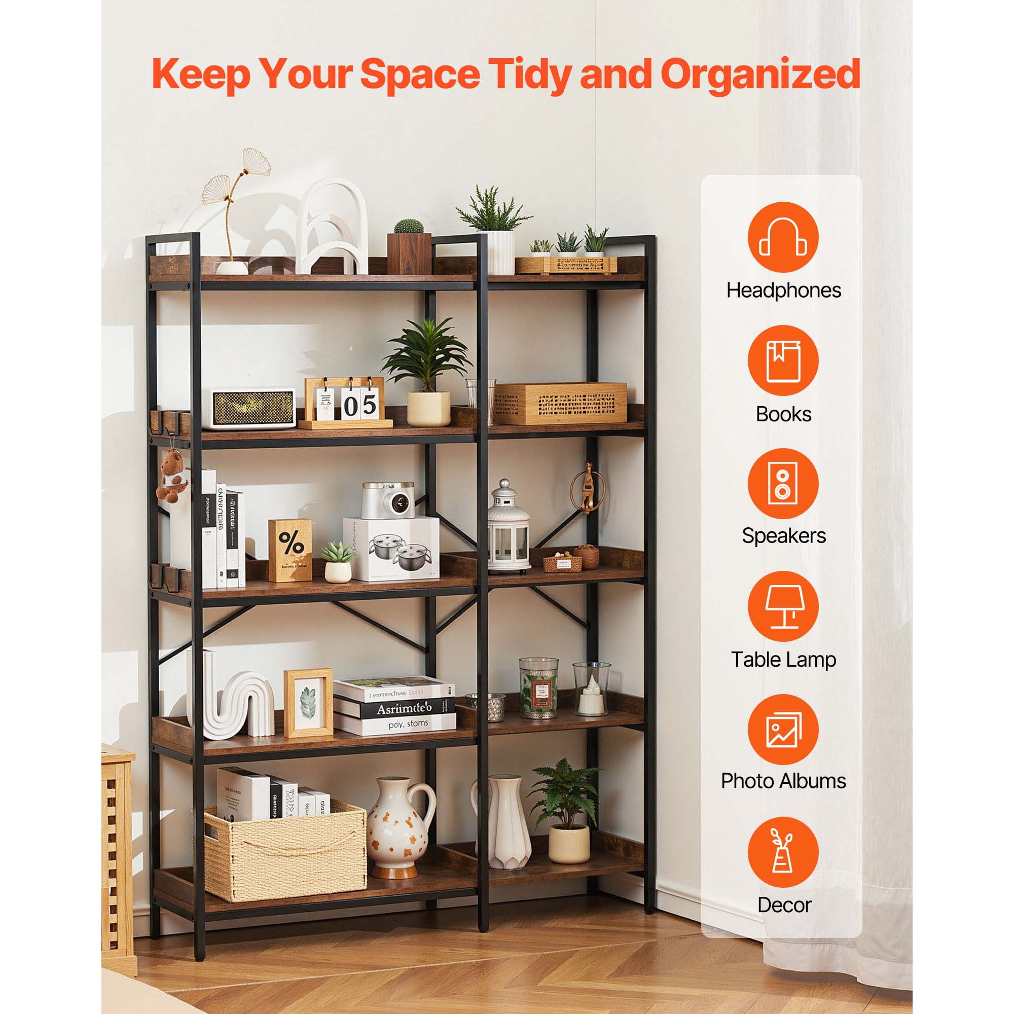 KFFKFF 5-Tier Corner Bookshelf with 4 Hooks, 65.4" Tall L-Shaped Bookcase with Sturdy Metal Frame & Wooden Shelves, Industrial Corner Display Shelf for Bedroom, Living Room, Office
