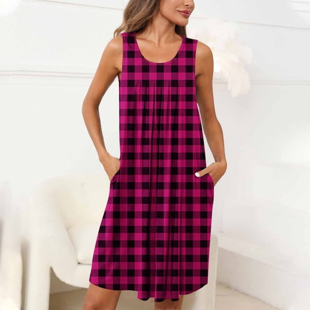 Camisón de mujer con estampado y bolsillos, sin mangas, plisado, cuello redondo