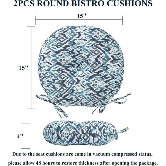 FGERFE-15"x15"x4" Bistro Chair Cushion Set of 2, Water Repellent Round Outdoor Chair Cushions with Ties, Patio Tufted Chair Pads for Home Garden (Navy Dapple)