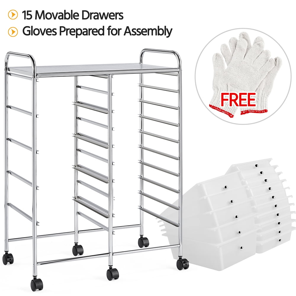 Yaheetech 15 Drawers Rolling Storage Cart Bin Organizer Metal Frame Plastic Drawers, White