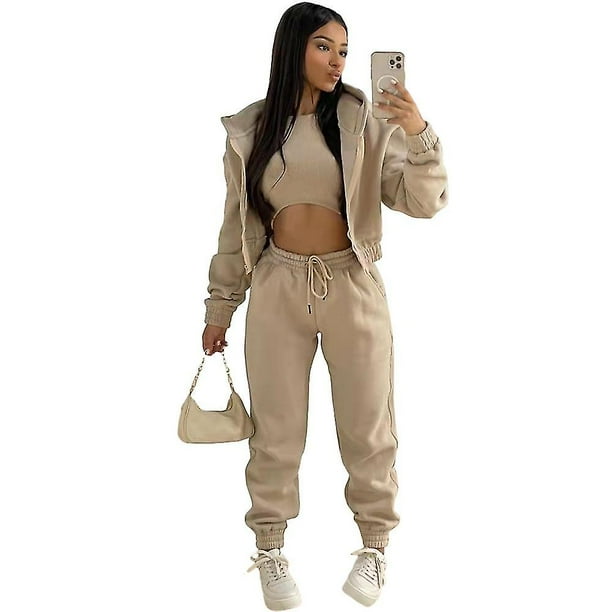 Women's 3 Piece Padded Hooded Sweatshirt Sports Casual Outfit Tracksuit Set