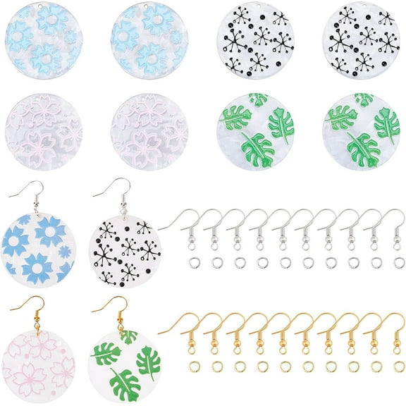 1 Box DIY Cellulose Acetate(Resin) Earring Making Kits Including Flat Round Pendants Brass Earring Hooks Golden & Silver