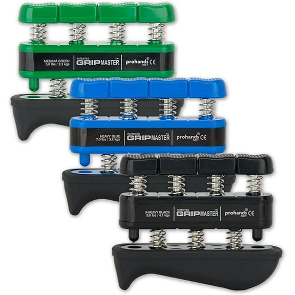 Prohands Gripmaster Rehab Hand Exerciser, Finger Exerciser (Hand Grip Strengthener), Spring-Loaded, Finger-Piston System, Added Palm Cushion, (Green, Blue, Black) (High Resistance, Set of 3)
