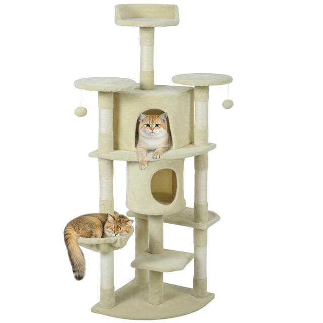 PawHut 62" Cat Tree, Multi-Level Cat Tower with Scratching Post, Beige
