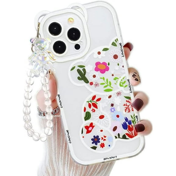 Compatible with iPhone 13 Pro Max Case,Cute Bear Lens Protector Clear Flowers Pattern Soft TPU Shockproof Girls Women Case with Lovely Strap Bracelet Chain Girls Women Case for iPhone 13 Pro Max 6.7"