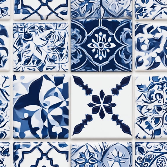 Peel and Stick Wallpaper Blue White Ceramic Tile Ornamental Floral Geometric Wall Mural 17.7in x 9.8ft Self Adhesive Removable Wall Paper Renter Friendly Wallpaper for Nursery Bedroom Cabinets