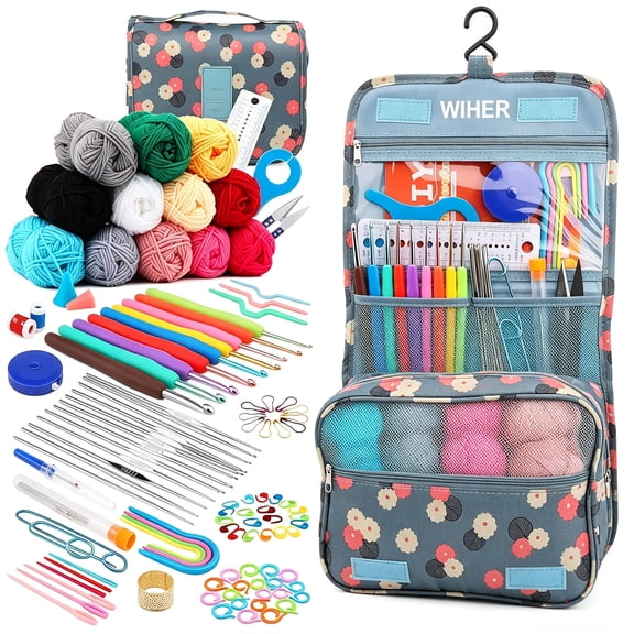 130Piece Set with Yarn,Complete Crochet Kit for Beginners,Ergonomic Hooks,and Accessories,Includes Hangable Storage Bag