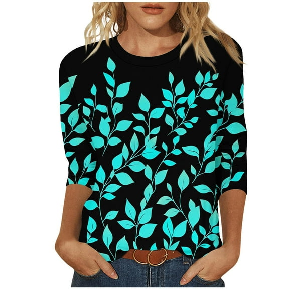 Inleife New Arrivals Fashion Women's Printed Blouses Three-Quarter Sleeve T-Shirt Round-Neck Top